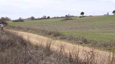 Madrid, İspanya; 02-15-2025: Gri Mitsubishi Montero bir off-road rali sahnesinde güç kazandı, engebeli araziyi hassasiyet ve dayanıklılıkla ele alırken tozu tekmeledi