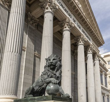 Madrid, İspanya; 06-20-2025: Madrid 'deki İspanyol Milletvekilleri Kongresi' nin önündeki bronz aslan heykeline yakın plan, arka planda klasik sütunlar ve ayrıntılı mimari