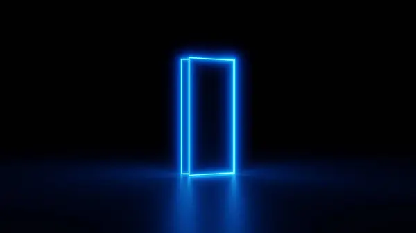 Karanlık bir odanın ortasında, başka bir boyuta açılan hafif açık neon bir kapı. 3B illüstrasyon.