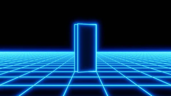 80 'lerin retrodalga tarzı mavi neon ızgarasında başka bir boyuta açılan hafif açık bir kapı. 3B illüstrasyon.