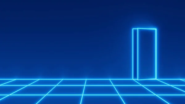 80 'lerin retrodalga tarzı mavi neon şebeke zeminli bir odanın sağındaki başka bir boyuta açılan hafif açık bir kapı. 3B illüstrasyon.