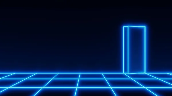 80 'lerin retrodalga tarzı mavi neon şebeke zeminli karanlık bir odanın sağındaki başka bir boyuta açılan hafif açık bir kapı. 3B illüstrasyon.