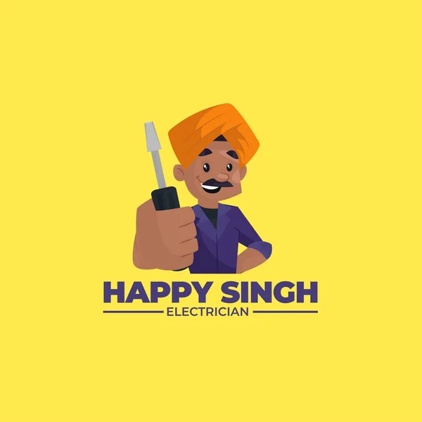Happy Singh Electrician Vector Mascot Logo Template — Stock Vector