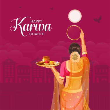 Güzel mutlu karwa chauth festivali afiş tasarımı şablonu.