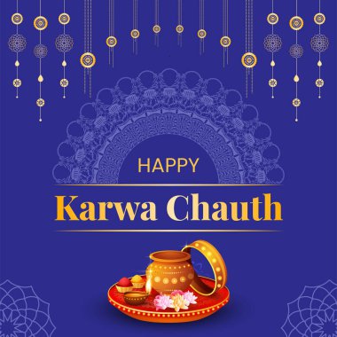 Gerçekçi mutlu karwa chauth Hint festivali bayrak tasarımı şablonu. 