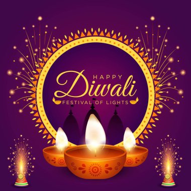 Güzel Mutlu Diwali Hint Festivali afişi tasarımı.