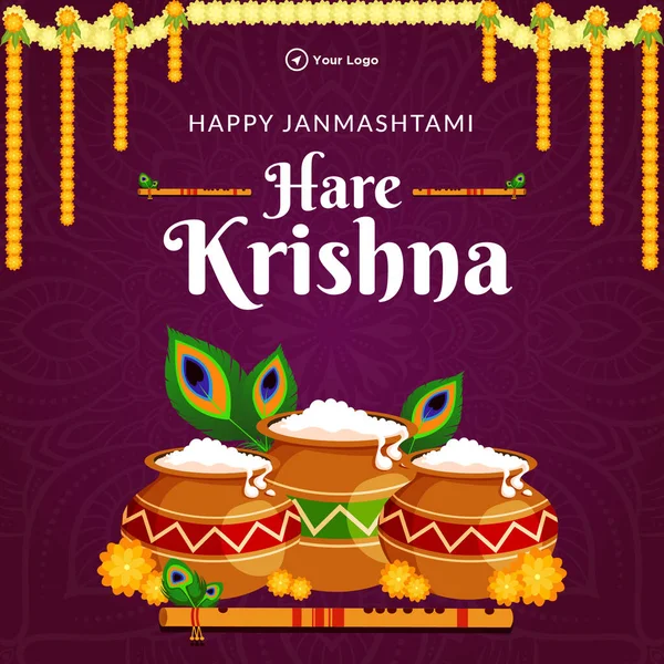 Happy Krishna Janmashtami Indian Festival Banner Template — Stock Vector