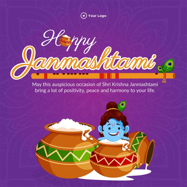 Happy Krishna Janmashtami Plantilla Banner Del Festival Indio — Vector de stock