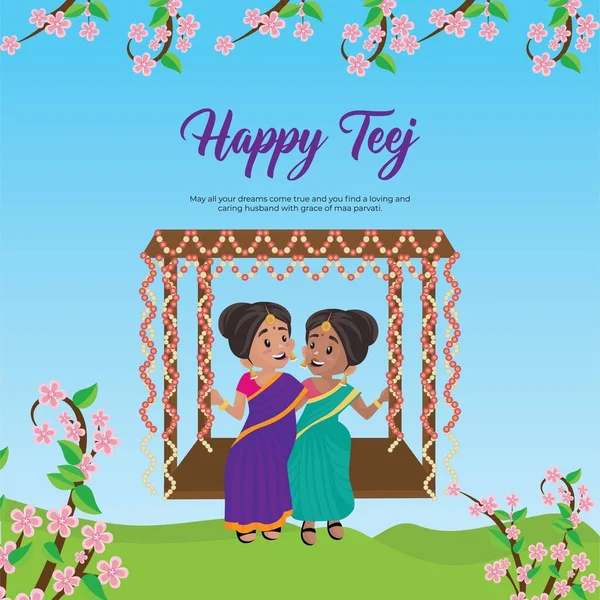 Happy Hariyali Teej Indisch Festival Cartoon Stijl Sjabloon — Stockvector