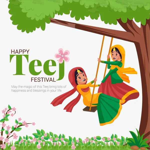 Banner Design Happy Teej Indian Festival Cartoon Style Template — Stock Vector