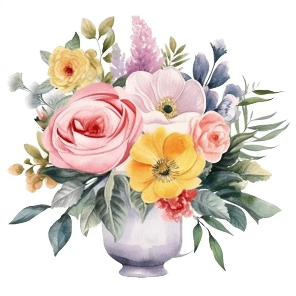 Πολύχρωμη Διάταξη Λουλουδιών Υδατογραφία — Φωτογραφία Αρχείου