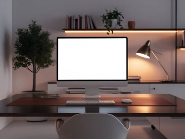 Boş bilgisayar ekranlı modern ofis içi. Fotokopi alanı olan iş yeri. 3d oluşturma