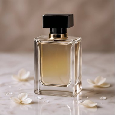 Arka planda güzel çiçekler olan parfüm şişesi.