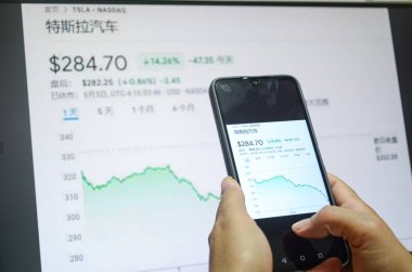 Jingmen, Guangdong, Çin 6 Haziran 2025. İnsanlar Tesla hakkındaki haberleri izlemek için akıllı telefon kullanıyor. 5 Haziran 'da (yerel saatle), Tesla' nın hisse senedi fiyatı CEO Elon Musk ile ABD Başkanı Trump arasındaki gerginliğin artması sonrasında% 14,26 oranında düştü. CNN haberi