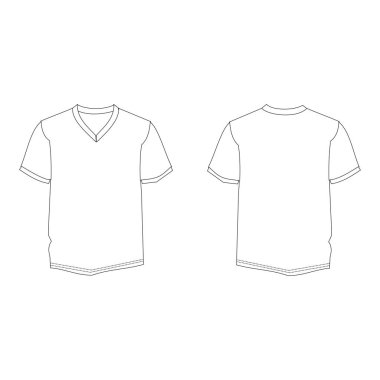 Beyaz tişört V Boyun vektör şablonu, ön ve arka görünüm modeli, beyaz arkaplan, düzenlenebilir renk ve vuruş.