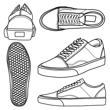 Şablon vektör ayakkabısı düşük, özel spor ayakkabınız için uygun düşük tasarım, ana hatlı vektör çizimi, ön, arka ve üst görünüm, beyaz arkaplan ile izole. düzenlenebilir renk ve vuruş.