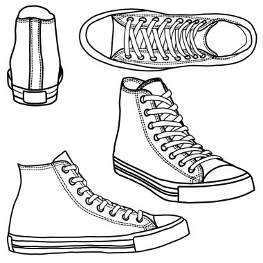 Şablon vektör spor ayakkabı yüksekliği, özel spor ayakkabı yüksek tasarımı için uygun, ana hatlı vektör çizimi, ön, arka, alt, yan ve üst görünüm, beyaz arkaplan ile izole. Düzenlenebilir renk