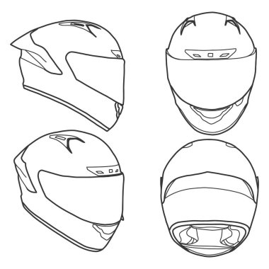 Şablon vektör yarış kaskı tam yüz çizgisi sanatı, özel miğferinize tam yüz, ana hatlı vektör çizimi, ön, arka ve yan görünüm, beyaz arkaplan ile izole edilmiş. düzenlenebilir.