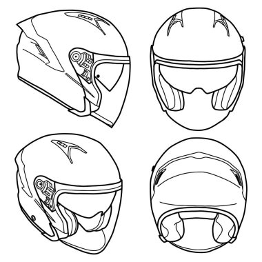 Şablon vektörü yarı yüz miğfer çizgisi sanatı, özel yarı yüz miğferiniz için uygun, ana hatlı vektör çizimi, ön, arka ve yan görünüm, beyaz arkaplan ile izole edilmiş. düzenlenebilir.