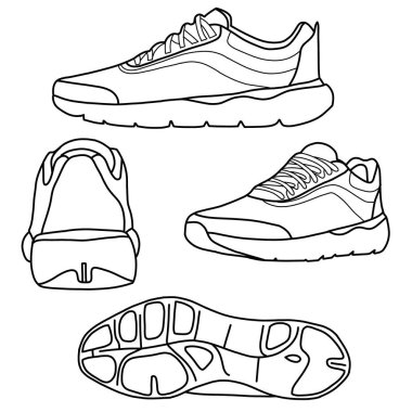 Şablon vektör çalışma ayakkabıları, özel koşu ayakkabılarınız için uygun, ana hatlı vektör çizimi, ön, arka, alt ve yan görünüm, beyaz arkaplan ile izole.