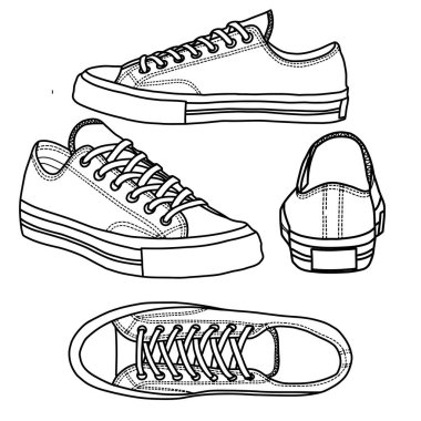 Şablon vektör spor ayakkabısı düşük, özel spor ayakkabı yüksek tasarımı için uygun, ana hatlı vektör çizimi, ön, arka, alt, yan ve üst görünüm, beyaz arkaplan ile izole. Düzenlenebilir renk