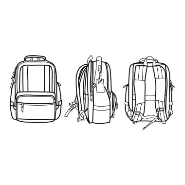 Sırt çantası modeli 2 vektör şablonunun beyaz teknik çizimi, özel sırt çantanıza uygun, ön, arka ve yan görünüm, beyaz arkaplan üzerinde izole, düzenlenebilir renk