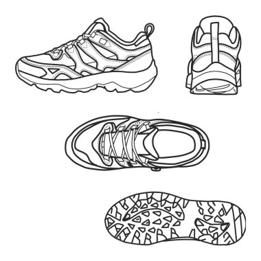 Yürüyüşün, botların, spor ayakkabıların teknik çizimleri üstte, yanda, arkada ve altta beyaz arka planda izole edilmiş. Ayakkabı tasarımınız için şablon vektör çizimi, düzenlenebilir renk.
