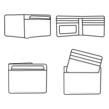 Çift katlı deri cüzdan çantasının teknik çizimleri beyaz arka planda izole edilmiş, ön ve arka planda ana hatları açık vektör. Deri çift katlı cüzdan tasarımı için şablon vektör çizimi.