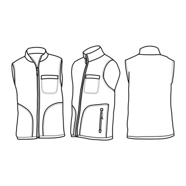 Önde, yanda ve arkadaki Men 's Vest vektör şablonunun teknik çizimi, beyaz arkaplanda izole, düzenlenebilir erkek yeleği ceketi rengi ve felçli tasarımı için uygun..