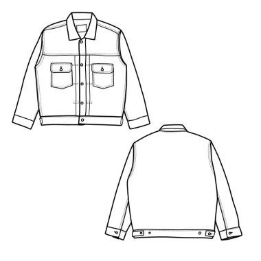 Uniseks kot ceket şablonu, düz çizim, beyaz arka planda izole, montaj kot ceketinize uygun, düzenlenebilir renk ve inme.