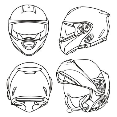 Teknik çizim modüler tam yüz kaskı mikrofon hattı sanat, ön, yan, arka ve izometrik görüş, düz çizim, beyaz arka planda izole, tam yüz kaskınıza uygun