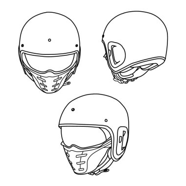 Maske çizgisi, ön, yan ve izometrik manzaralı tam yüz kaskı çizimi, düz çizim, beyaz arka planda izole, tam yüz kaskına uygun, düzenlenebilir renk.