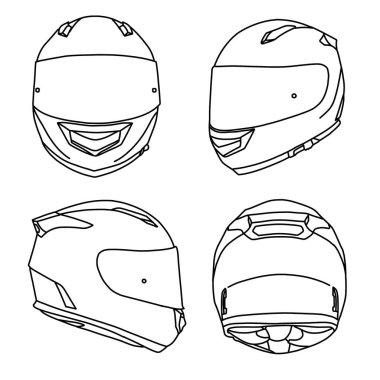 Tam yüz miğfer çizgisi çizimi, ön, yan, arka ve izometrik görüş, düz çizim, beyaz arka planda izole, tam yüz kaskınıza uygun, düzenlenebilir renk