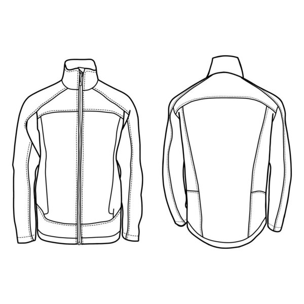Technical sketch drawing of jacket vector template model in front and back view, isolated on white background, editable color and stroke.
