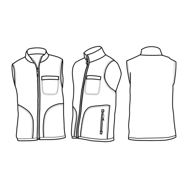 Technical sketch drawing of Men's Vest vector template in front, side and back view, isolated on white background,suitable for your custom Men's Vest Jacket design editable color and stroke.