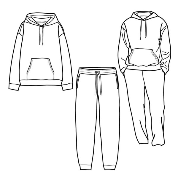 Technical sketch drawing of hoodie and jogger pants vector template, isolated on white background, suitable for your hoodie and jogger pants, editable color and stroke.