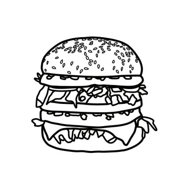 Çizgi çizimi, peynirli Double Beef Burger, Front view. Çizim vektörü çizimi peynirli yüzen hamburger. Beyaz arkaplanda izole edilmiş vektör illüstrasyon siyah çizgisi.