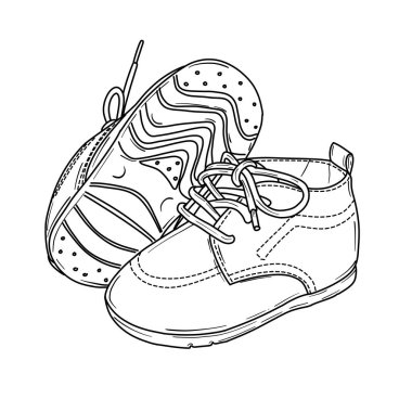 A simple black and white line art drawing of two baby shoes with laces, perfect for coloring or as an illustration.