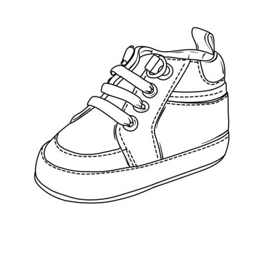 Detailed black and white line art of a baby sneaker, showcasing laces and stitching details.