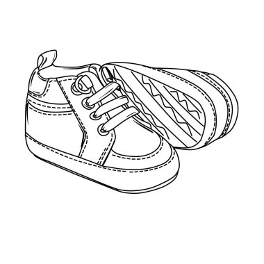 A simple line art illustration of a pair of baby shoes, perfect for coloring books or childrens designs.