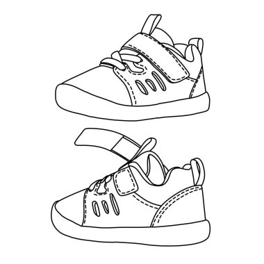 Detailed line art illustration of two baby shoes, showcasing design and features