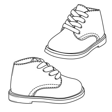 A pair of baby shoes, rendered in a simple line art style, featuring laces and a classic design, suitable for coloring or as an icon