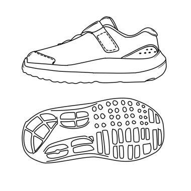 Black and white drawing of a shoe, showcasing the side and bottom view of the footwear.