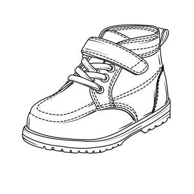 A detailed line art illustration of a toddlers boot, showcasing laces, a strap, and stitching details.