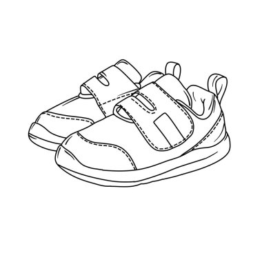 Detailed line art illustration of a pair of baby shoes with hook and loop fasteners, perfect for educational or design projects.