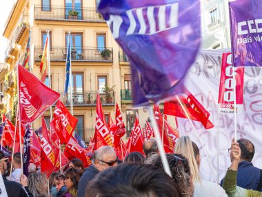 Valencia. İspanya - 19 Kasım 2023 Valencia Parlamentosu 'nun kapılarında gösteri. Fonksiyonel bağımlılığı olan kişilere yapılan yardımda iyileştirme talebinde bulunan yetişkinler grubu. 