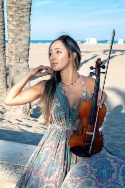 Aşk viyolacısı kemanı ve arka planda deniziyle sahilde oturuyor. Güneşli öğleden sonra