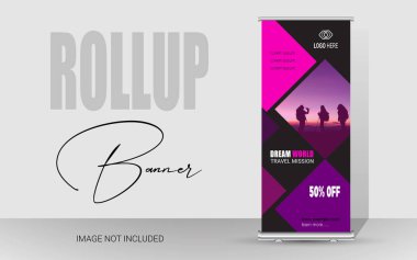 Profesyonel Seyahat Ajansı bayrağı, ayakta reklam panosu, ya da kurumsal katlanabilir afiş şablonu, reklam, barfiks ve tanıtım reklamları. İş Yuvarlama Seti. Standee Tasarım. Sancak Şablonu.