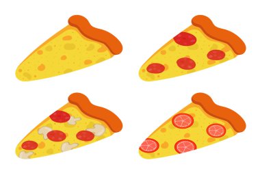 Farklı malzemeli pizza dilimleri: peynir, pepperoni, mantar, domates. Düz tasarım, beyaz arka planda izole edilmiş. Vektör illüstrasyonu