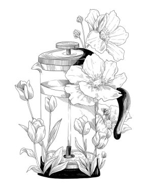 Kahve makinesi çiçeği, iyi kahve, kahve dükkanı illüstrasyonu.